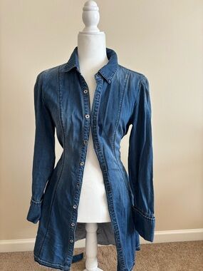 bebe Dark Blue Denim High-Low Button Up Dress
